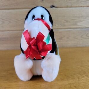Vintage 1987 Dakin Plush Penguin Red Green Ribbon Gift Stuffed Animal 7.5"